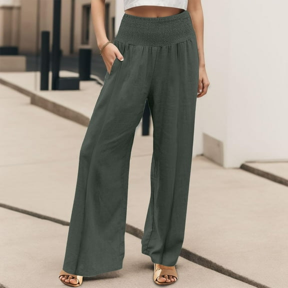 nochalofo Green Pants for Women, Linen Pants Women Summer Wide Leg Pants Drawstring Elastic Waist Pants High Waisted Pants Casual Beach Trousers