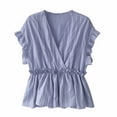 thumbnail image 3 of Camisa de mujer Cuello en V Manga corta Blusa de rayas con volantes Top casual, Azul, 3XL kenally AP001462-23, 3 of 7