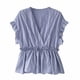 thumbnail image 3 of Camisa De Mujer Con Cuello En V Manga Corta Blusa De Rayas Con Volantes Top Casual, Azul, XL AweSitey AP001462-21, 3 of 7