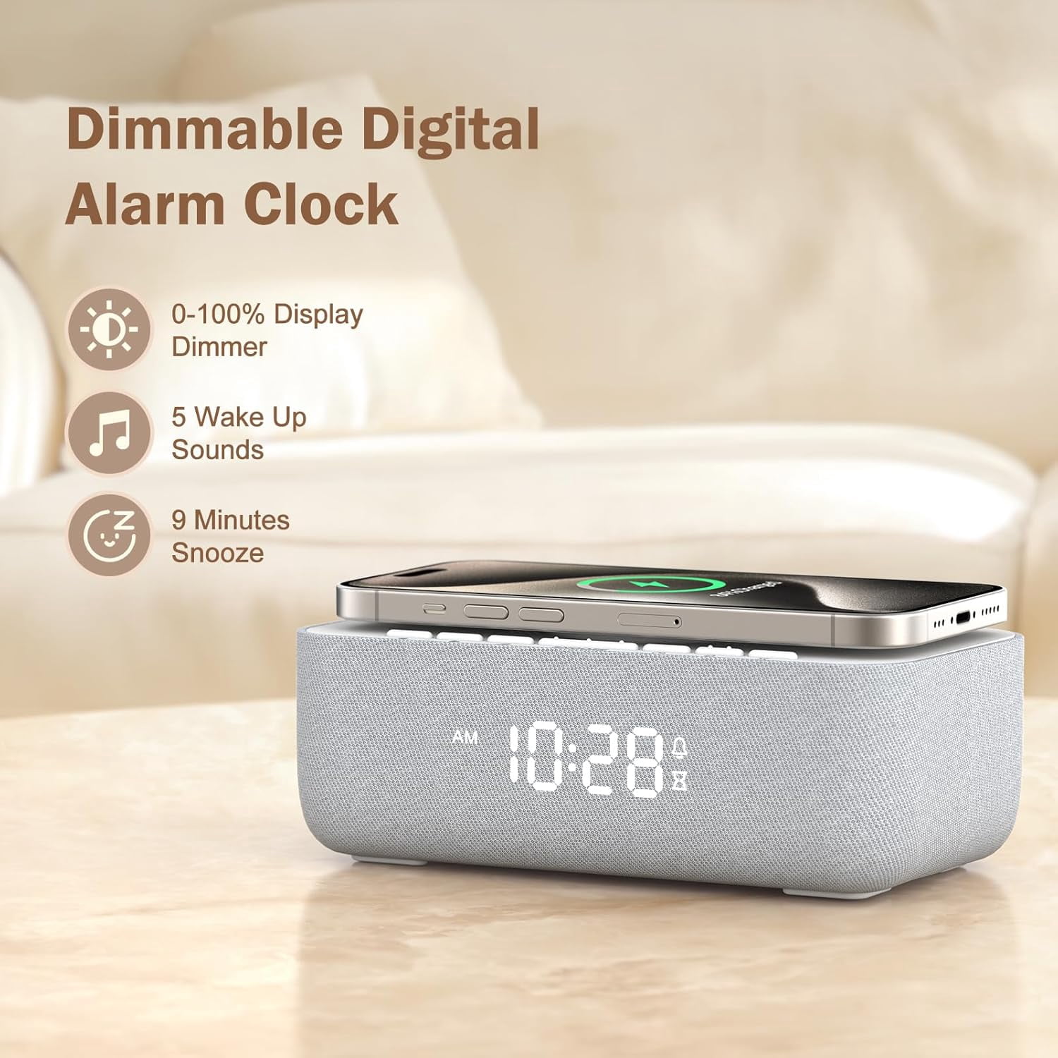 15W Fast Wireless Charging Alarm Clock with White Noise  for Bedroom & Office