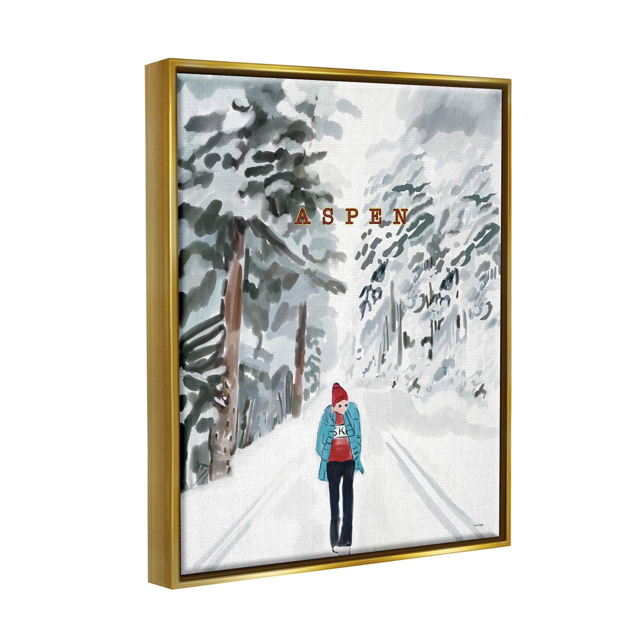 Stupell Industries Snowy Aspen Scenery Girl Walking Graphic Art Metallic Gold Floating Framed Canvas Print Wall Art, Design by Amelia Noyes