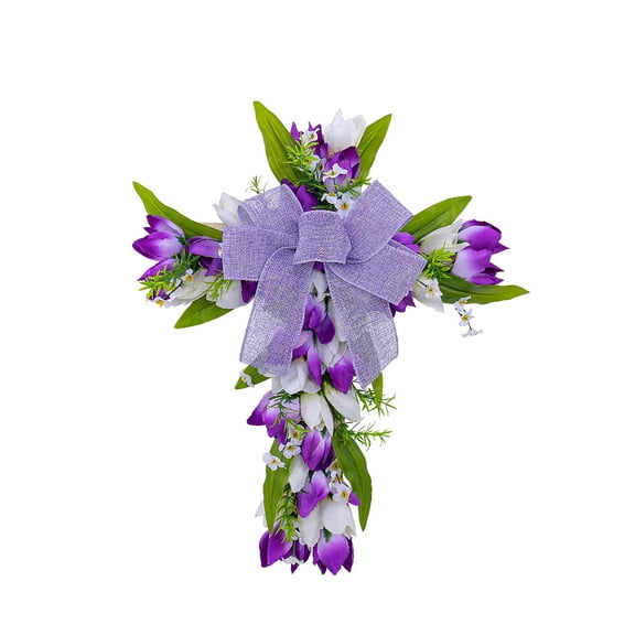 Easter Decorative Cross Wreath, 18" Purple Tulip Hanging Garland Floral Ornament Door Decor for Spring & Easter, Wall & Front Door, Indoor/Outdoor Decoration