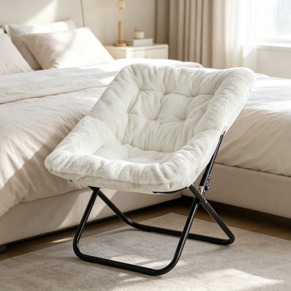 Comfy Faux Fur Folding Lounge Chair for Adults, Large Size Foldable Soft Relaxing Chair for Living Room Bedroom, White