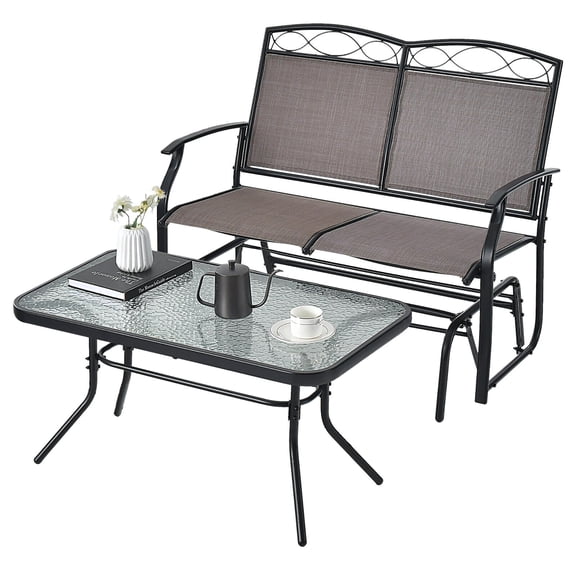 Gymax 2 PCS Patio Glider Conversation Set Outdoor Loveseat Glider Chair w/ Tempered Glass Coffee Table