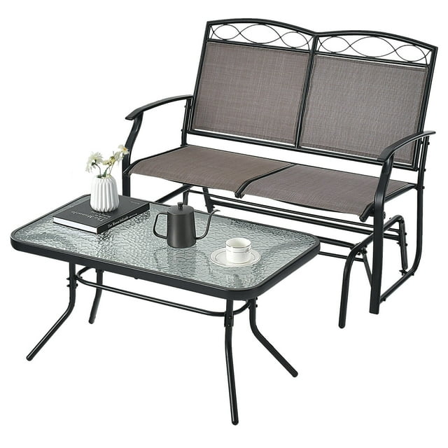 Gymax Ensemble de Conversation pour Patio 2 Pcs, Causeuse d'Extérieur à Glissière avec Table Basse en Verre Trempé