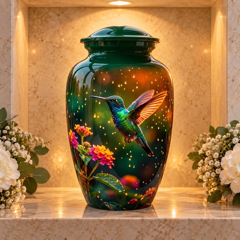 Urn for Ashes for Women Hummingbird, Dark Green Orange Urns 10 Inch ...