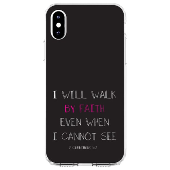 DistinctInk Clear Shockproof Hybrid Case for iPhone X / XS (5.8" Screen) - TPU Bumper, Acrylic Back, Tempered Glass Screen Protector - 2 Corinthians 5:7 - I Will Walk By Faith Even When I Cannot See
