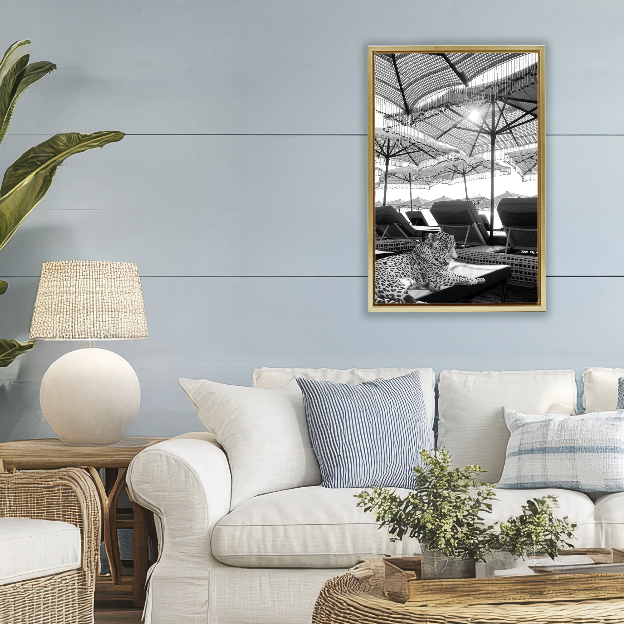 Stupell Industries Leopard On Tropical Vacation Gold Framed Floater Canvas Wall Art, design by Grotto Studios