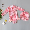 thumbnail image 3 of Xfvqtps Infant Toddler Child Girls One Piece Swimsuit with Hat Ruffle Hemt Front Zipper Long Sleeve Flower Print Cute Sweet Sun Protection Beach Bathing Suits Swimwear for 1-6 Years Pink, 3 of 7