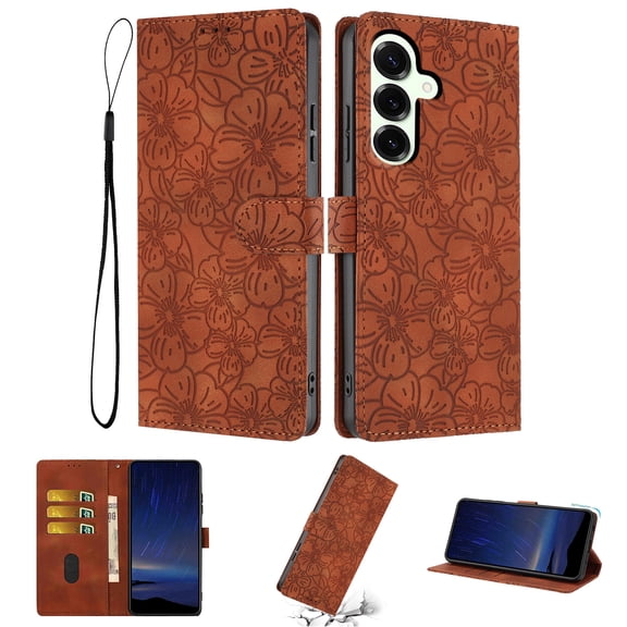 for Samsung Galaxy S26 Wallet Case with Card Holder Credit Card Slots, Premium Flower Pattern PU Leather Case with Flip Kickstand, Full Body Protection Shockproof Magnetic Clasp Cover, Brown