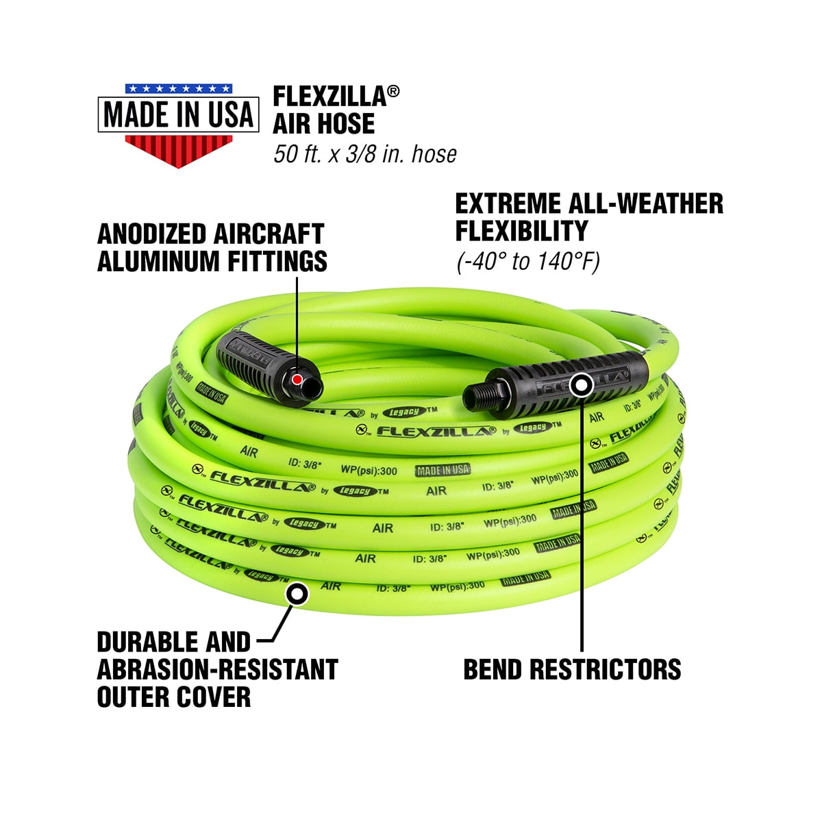 Flexzilla Air Hose, 3/8" x 50', 1/4" MNPT Fittings, ZillaGreen