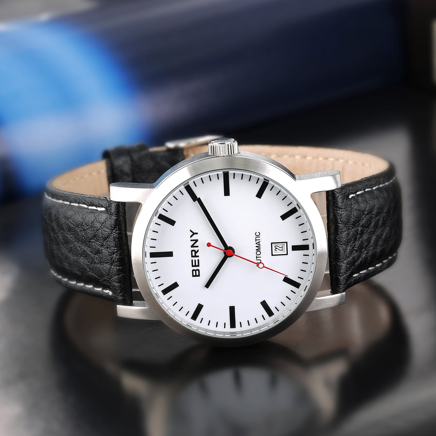 BERNY Automatic Watch for Men, Classic Mechanical Wristwatch with Genuine Leather Strap, Date Calendar, 5ATM Waterproof, Super Luminous, Red Seconds Hand (White)