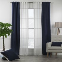 3S Brother's 4 Panels Mix and Match Curtains 2 solid Decorative Linen Look curtains and 2 Sheer Linen look Curtains Hanging Back Tap & Rod Pocket Office, Luxury Home Deco Each 28"x95" Navy Blue-Ecru