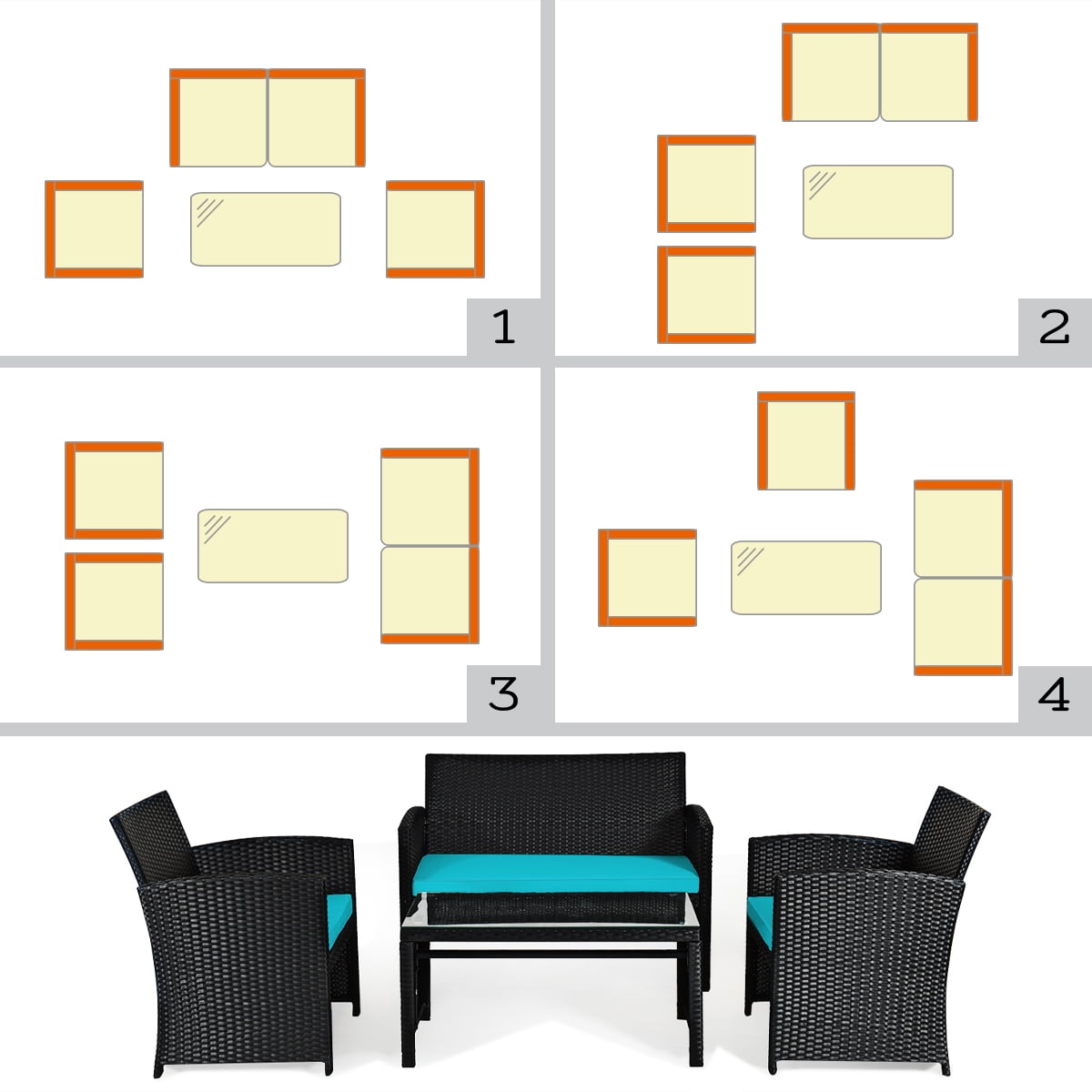 Costway 4PCS Patio Rattan Furniture Conversation Set Cushion Sofa Table Garden Turquoise