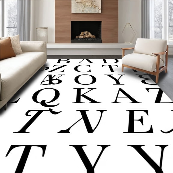 ODIKA 4'x6' Machine Washable Non-Slip Area Rug, Monochromatic ABC Letter Decorative Nordic Playmat High Traffic Rug, Black, 696708