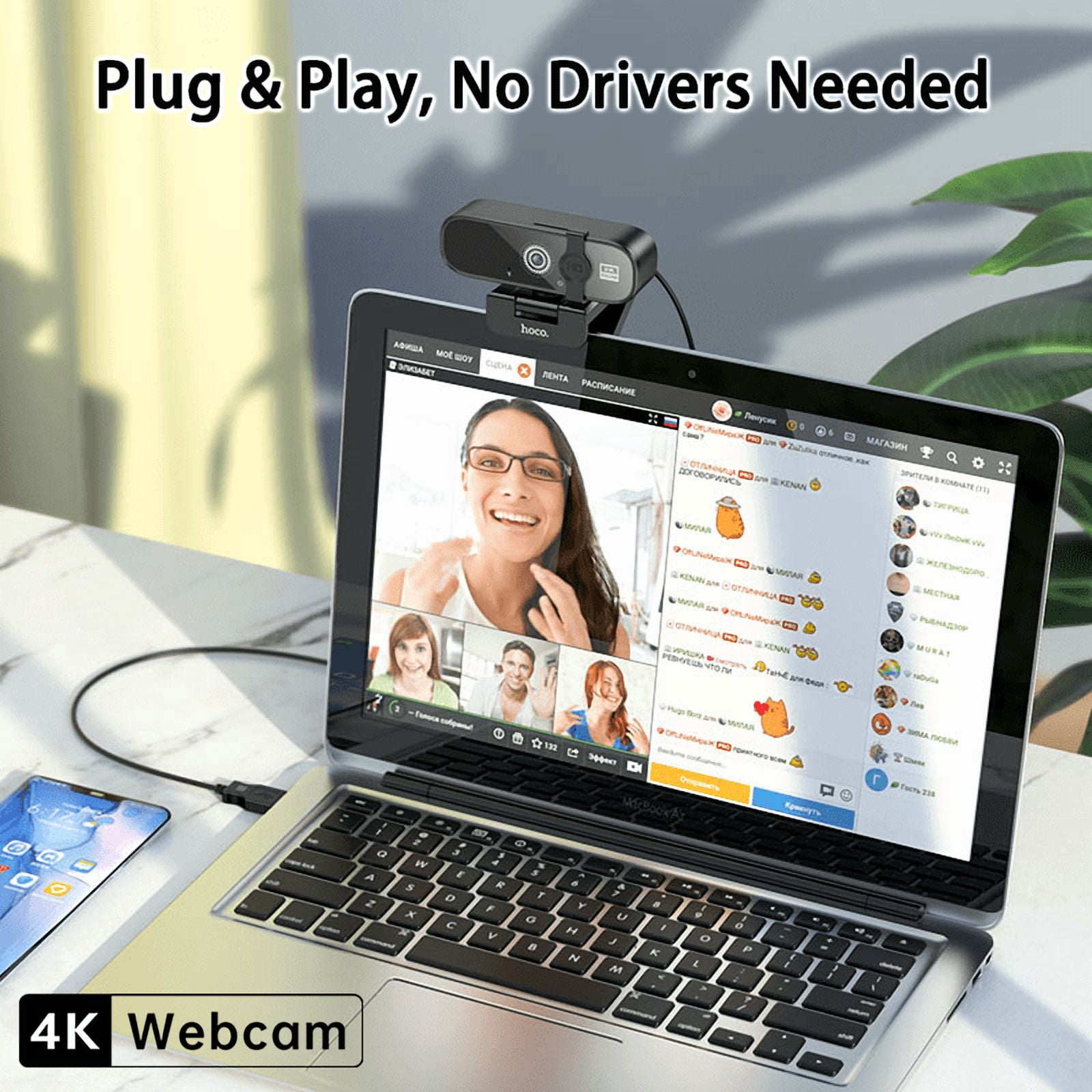 Q1 4K Webcam with Auto  & Noise-Canceling Mic, Privacy Cover, Adjustable Base for PC/Laptop/Zoom,  & Play, Free