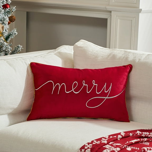 Taicans ‌Merry Christmas Throw Pillow Cover - Red Velvet Embroidered Holiday Decorative Pillowcase 19.6x11.8in,Xmas Gift for Home Sofa Couch Decor,Cotton Machine Washable
