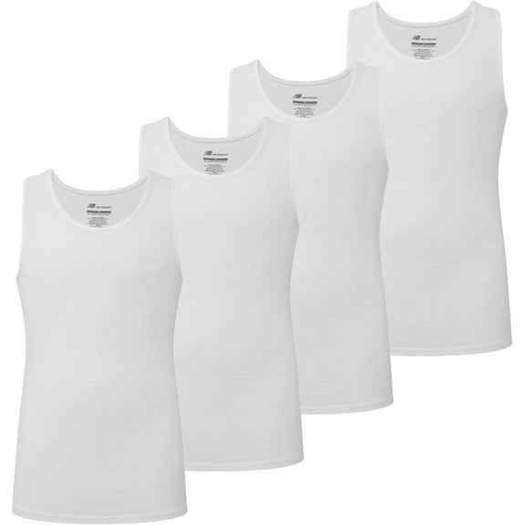 New Balance Men's Cotton Performance Rib Sleeveless Tank Top Undershirt 4 Pack, White/White/White/White
