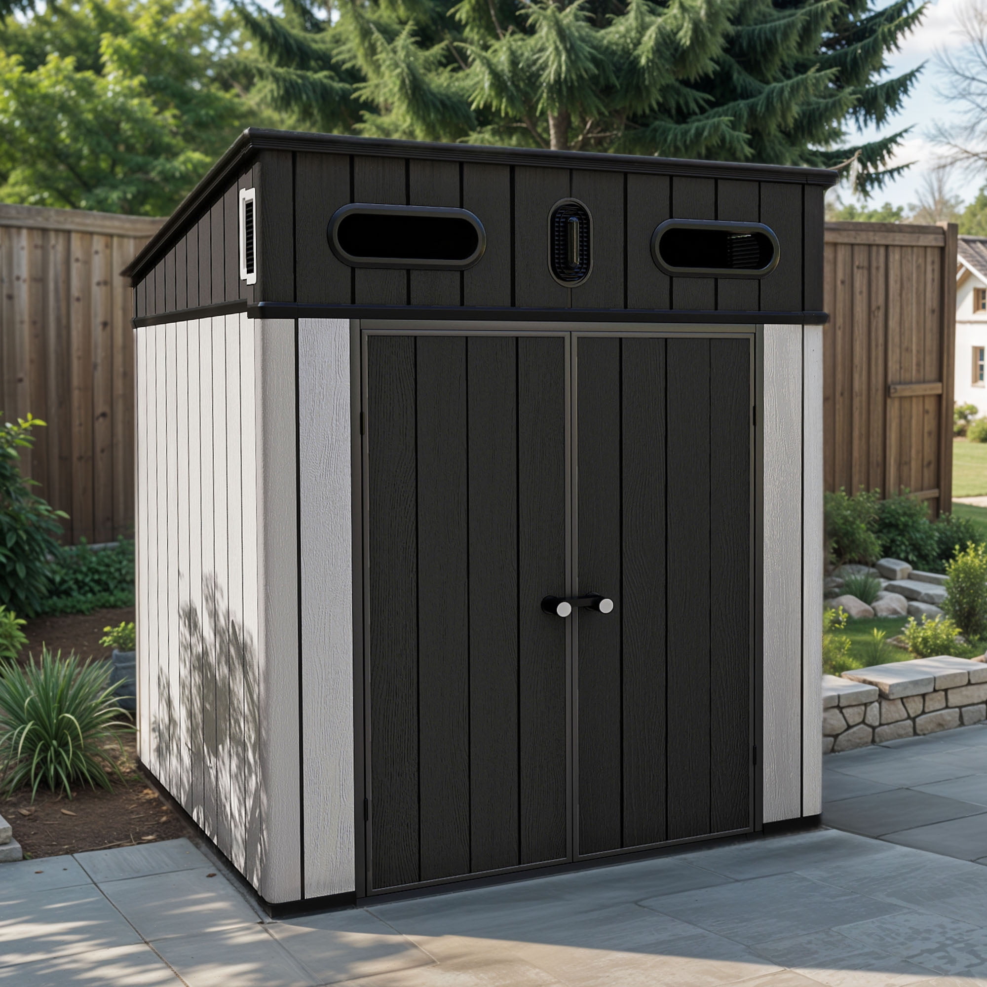 Uforic 6x6 ft Outdoor Polymer Storage Shed Unit w/Viewing Panels, Base, Dual Entryways for Equipment, Bicycles, Gray