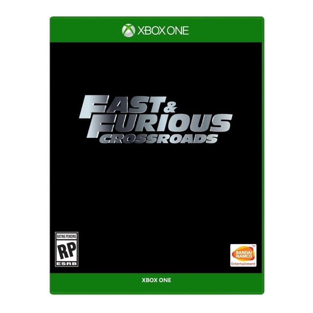 fast & furious crossroads xbox one físico Caja física de videojuego Xbox One con fondo negro y título plateado 'Fast & Furious Crossroads' centrado, franja superior e inferior verdes con logo Xbox One, logos de ESRB y Bandai Namco visibles; acción y aventura de carreras.