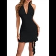thumbnail image 2 of Vestido Corto Ajustado con Escote en V Profundo y Fruncido para Mujer, con Dobladillo de , para Fiesta y Club, de Verano Negro M, 2 of 10