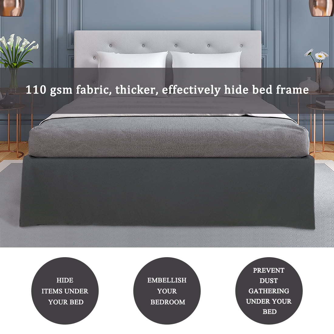 PiccoCasa Microfiber Bed Skirt 16" Drop Pleated Tailored Styling Ruffled, Full Dark Gray