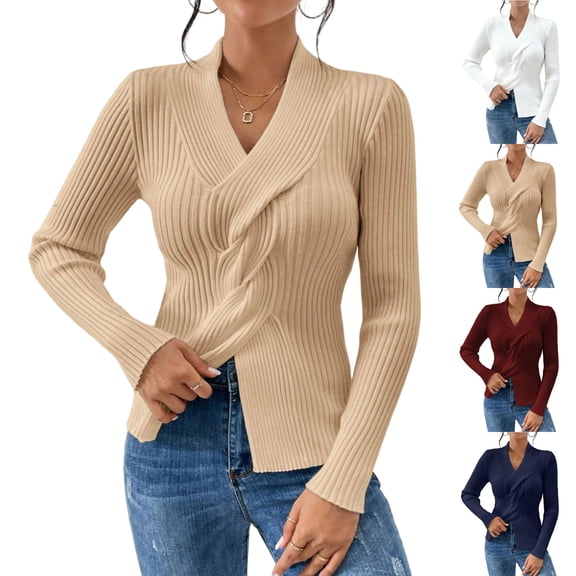 Women's Criss Cross Front Sweater Wrap V-Neck Ribbed Knit Pullover (Dark Blue, L)