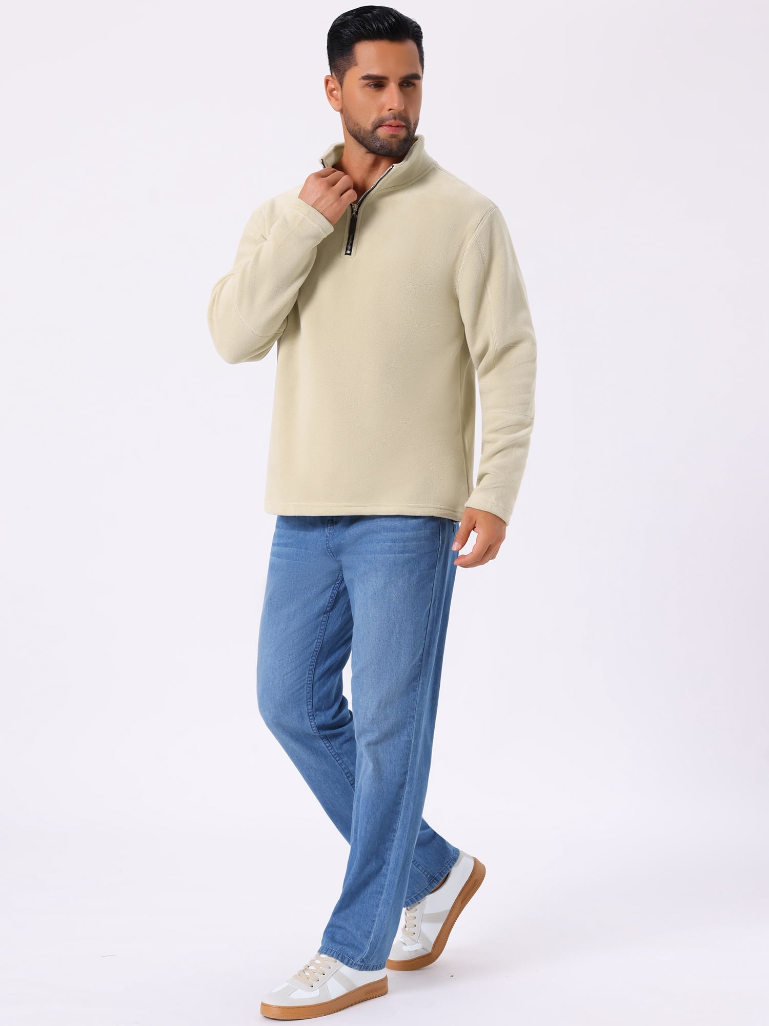 DARING DIVA Men's Solid Stand Collar Half-Zip Long Sleeve Fleece Sweatshirt S Khaki