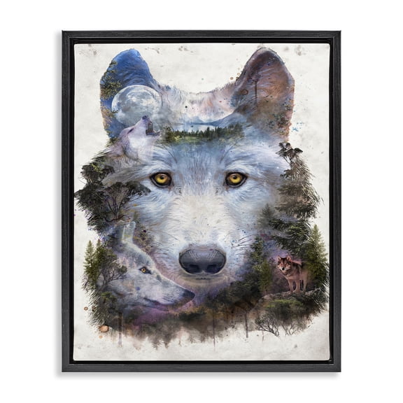 Stupell Industries Wolf Form with Woodland Scene Animals Painting Black Floater Framed Canvas Art Print Wall Art, 17 x 21