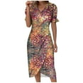 thumbnail image 2 of Lenago Robes d'Été Grande Taille pour Femmes Robe d'Été Imprimée Florale Ourlet Irrégulier Col en V Manches Courtes Boutons Robes de Plage en Liquidation, 2 of 5