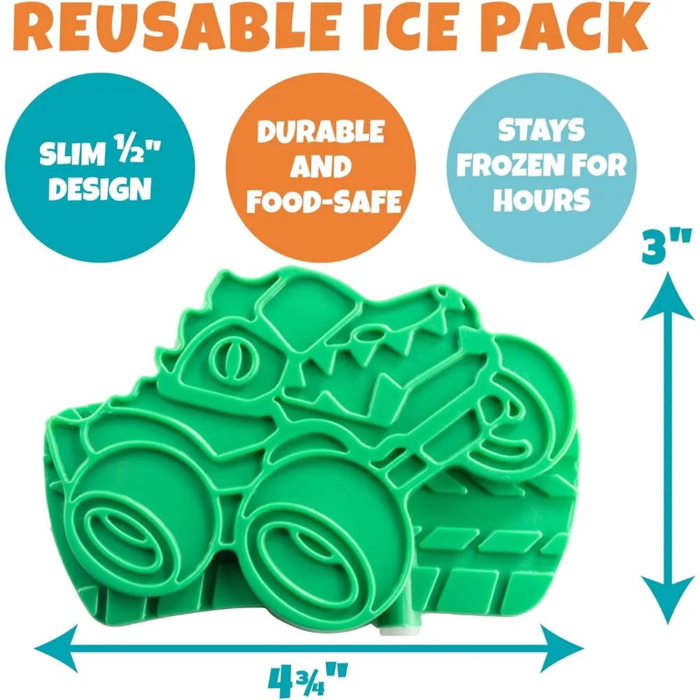 Bentology Kids Lunch Bag Set w Matching Reusable Water Bottle & Hard Ice Pack- Green Monster Trucks- Insulated Tote, Stainless Steel Insulated Thermos, Hard Ice Pack- School Lunchbox Kits