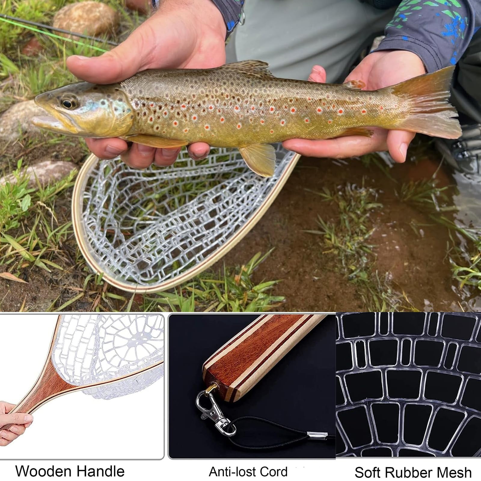 Garvee Fly Fishing Net Trout Net Soft Rubber Catch and Release with Wooden Handle