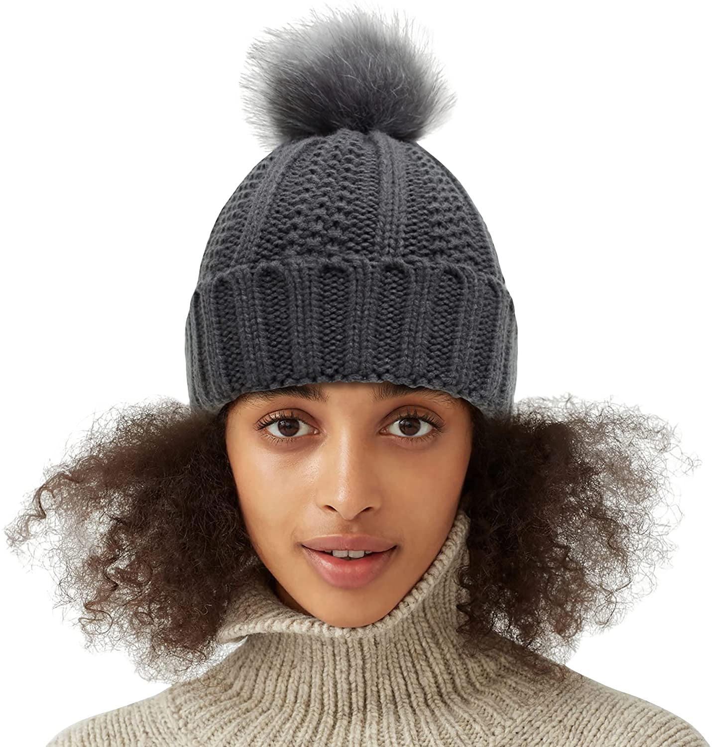 Muryobao Womens Satin Lined Winter Beanie Hat with Faux Fur Pom Cuffed Warm Knit Lined Female Winter Cap Muryobao Womens Winter Beanie Hat  main image 4