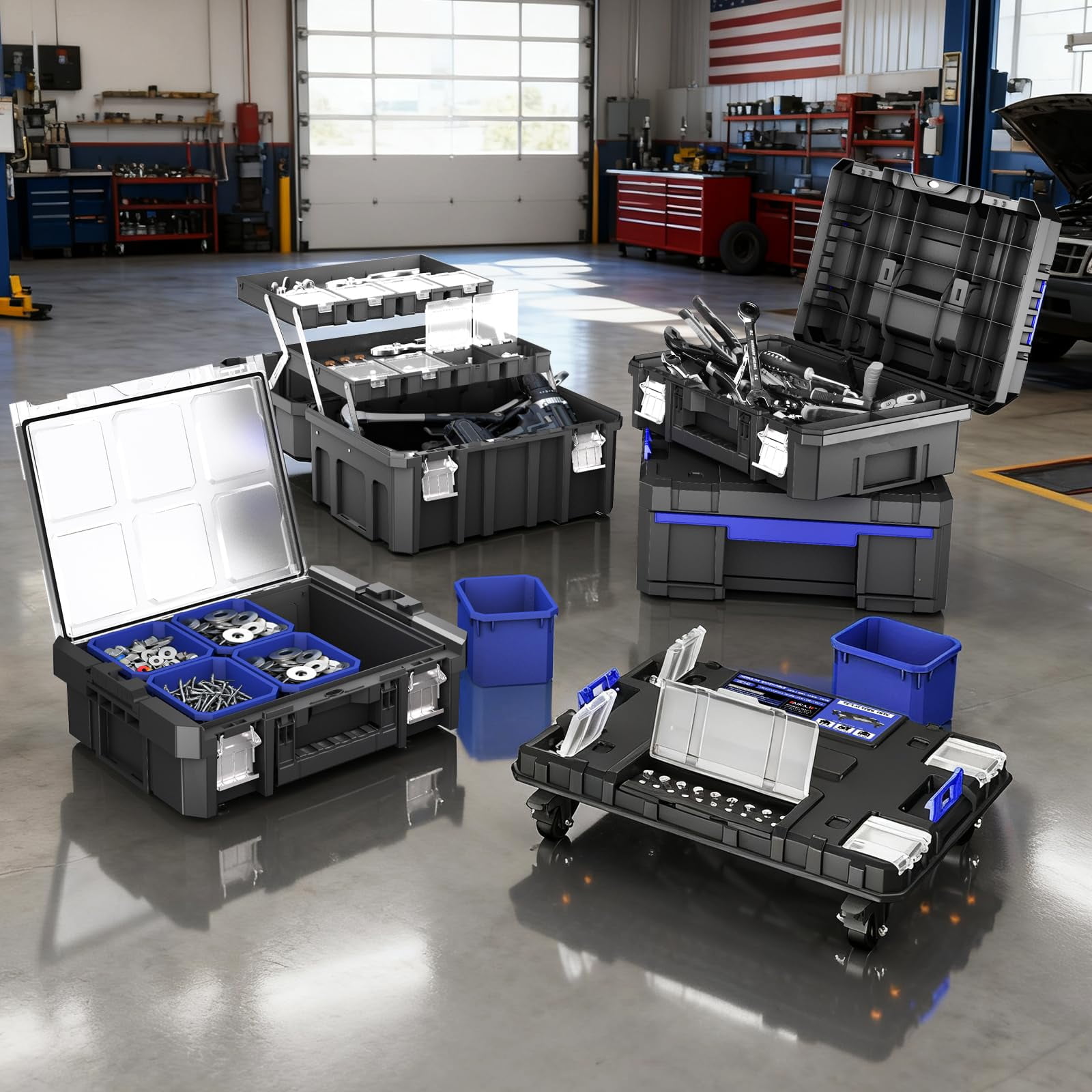 Heavy-Duty 4-Tier Stackable Rolling Tool Box with Clear Top Lid & Drawers, Modular Tool Storage Organizer System on Wheels for Garage & Home Repair
