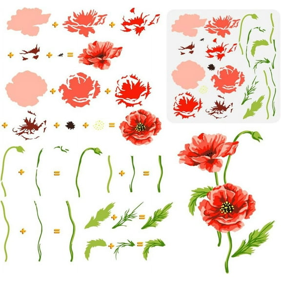 Layered Flower Painting Stencil 11.8x11.8 inch Reusable Wildflower Drawing Template DIY Craft Plant Floral Decoration Stencil for Painting on Wood Wall Fabric Furniture