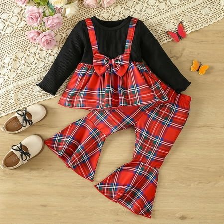 

CieKen Toddler Girls Long Sleeve Christmas Plaid Prints T Shirt Pullover Tops Bell Bottoms Pants Outfits Clearance Toys