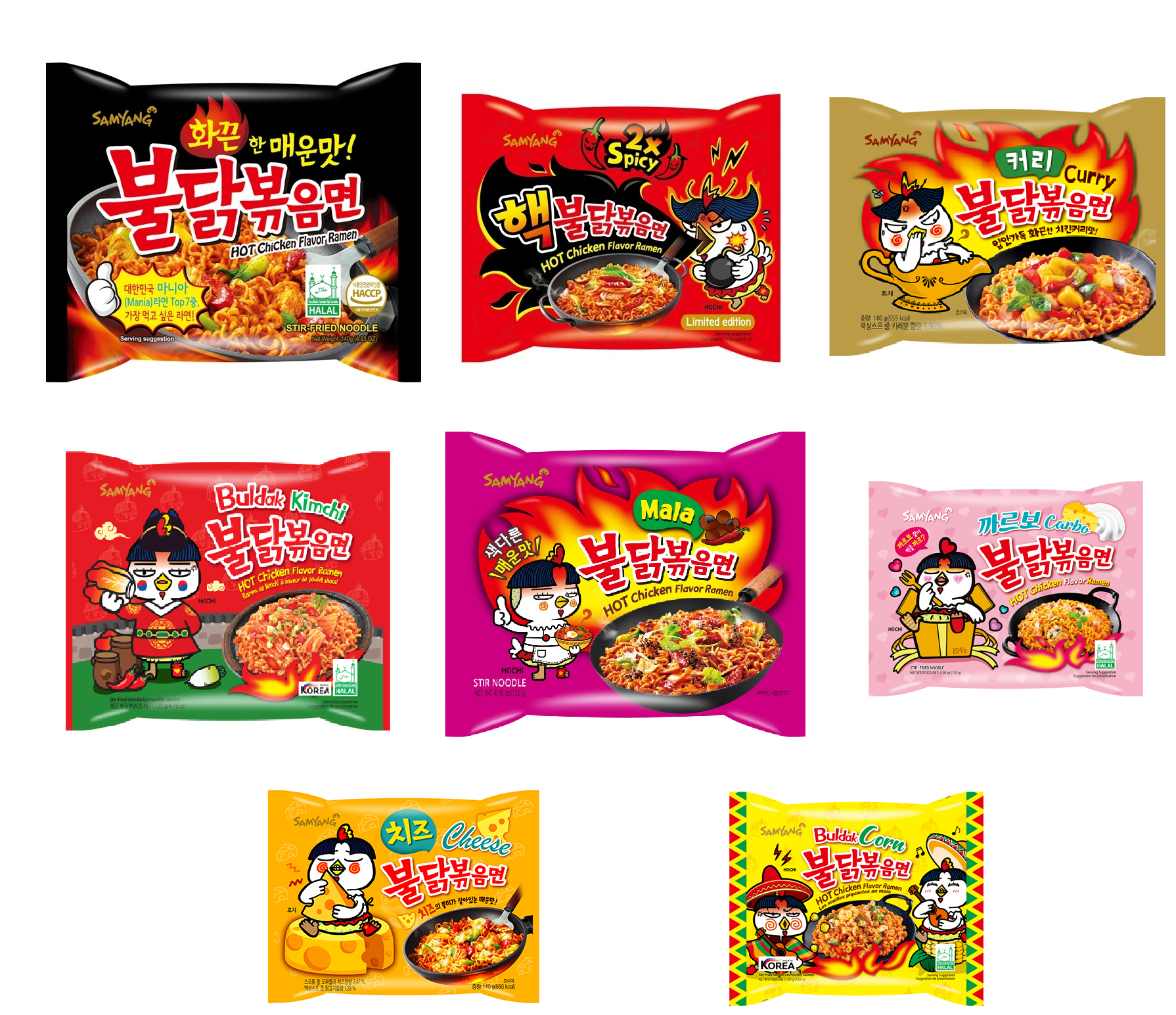 Samyang Instant Chicken Ramen Noodles - 6 Variety Packs with Bold Flavors