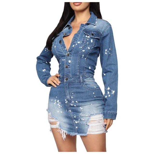 AherBiu Robe en Denim pour Femmes Vintage Déchirée avec Boutons, Col à Revers, Col en V, Coupe Ajustée, Mini, Mode Urbaine