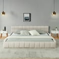 thumbnail image 2 of King Size Wood Bed Frame, Chenille Fabric Grounded Platform Bed with Upholstered Tufted Headboard, No Box Spring Needed, Beige, 2 of 9