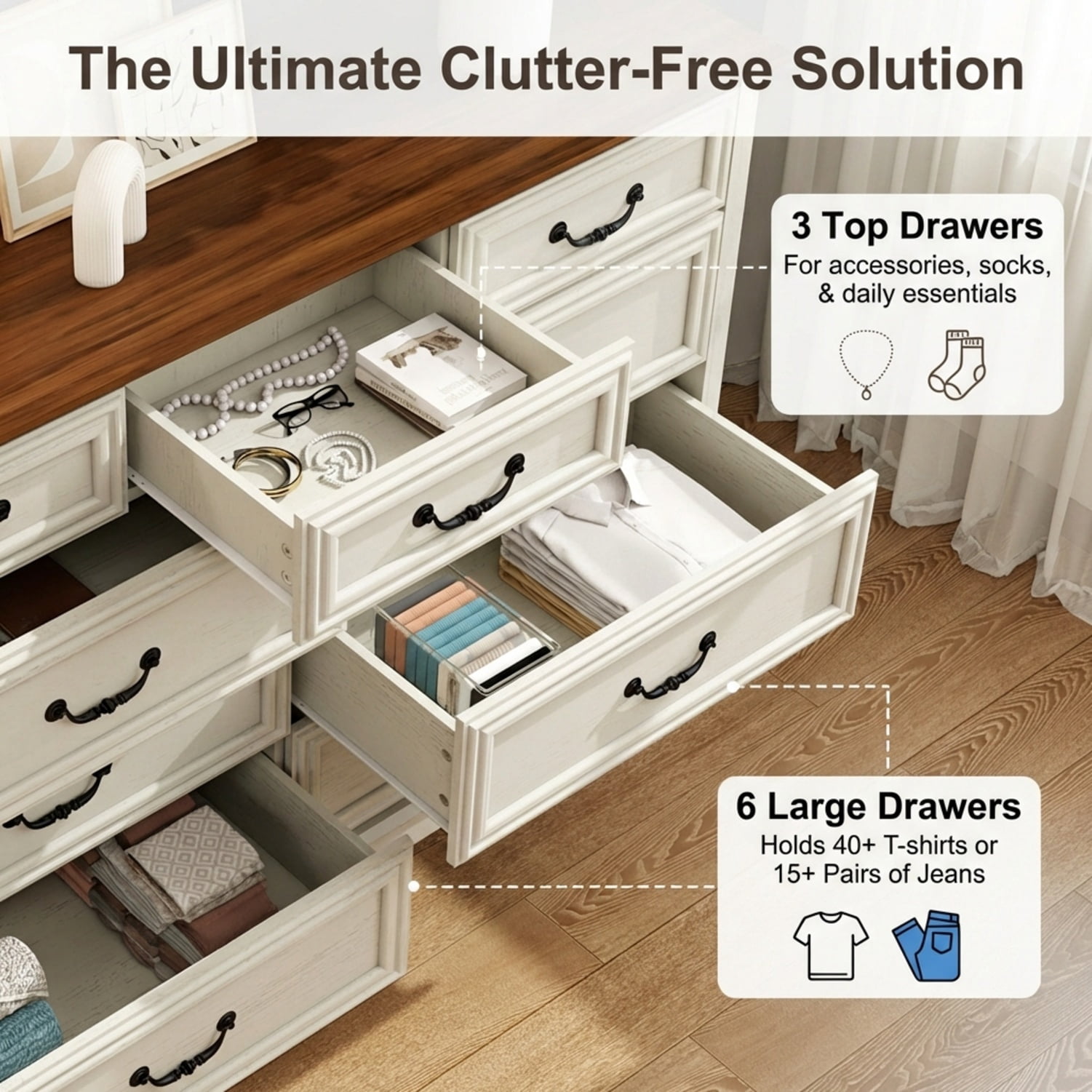 Farmhouse 9-Drawer Dresser, Wide Chest of Drawers with Large Storage for Bedroom, White