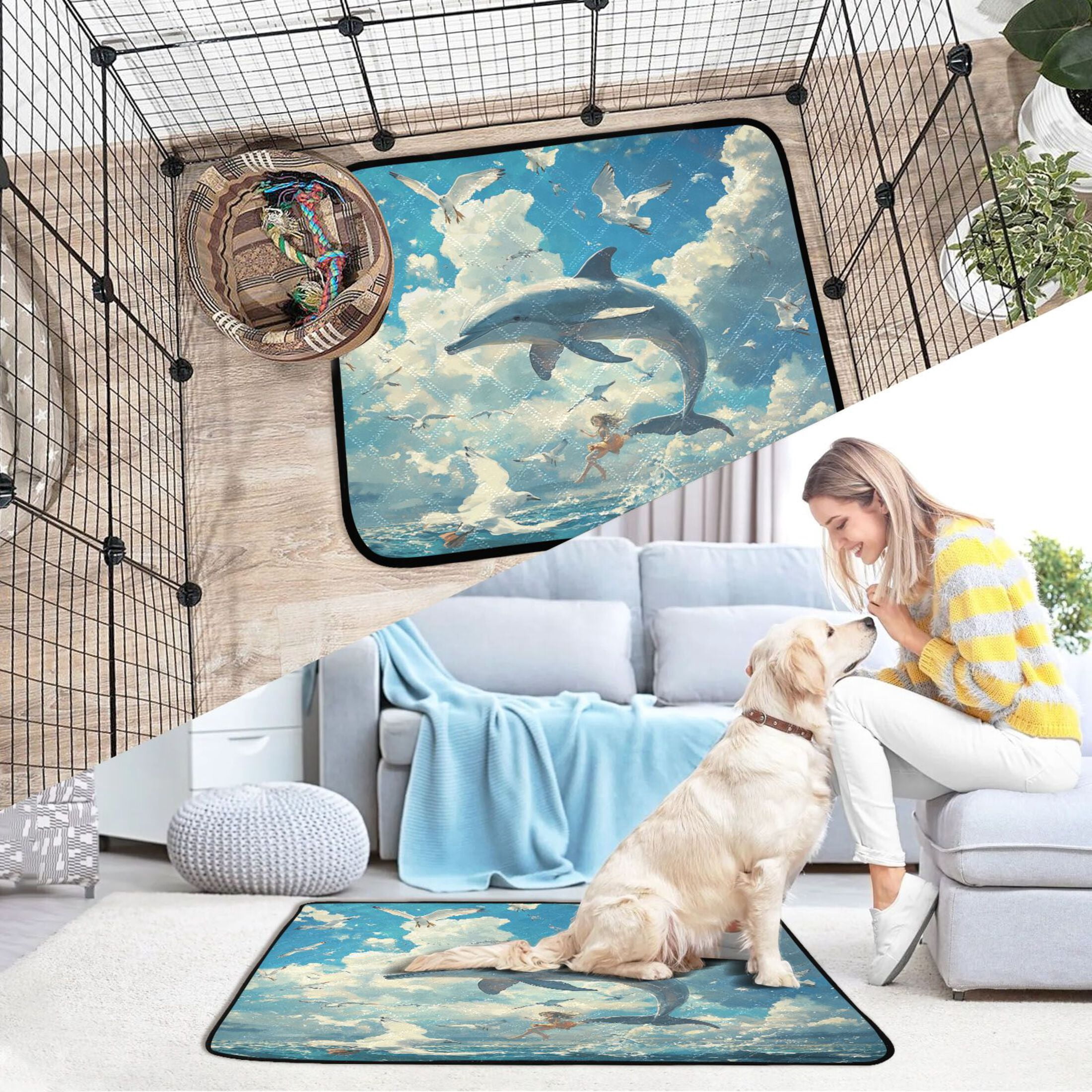 Qxltty Dolphins Collide with Seagulls Cat litter Pads Pet Set of 3 Diaper Mats Center Anti-leakage Layer Absorbent Soft and Comfortable