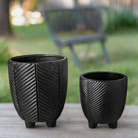 Kavrine Ceramic Round Pot with Embossed Chevron Stripe Design and Stand (Set of 2)
