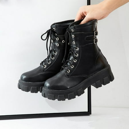 

QISIWOLE Women Shoes Hasp Mid Heel Flat Bottom Zipper Laceing Fashion Buckle Leather Short Boots Discount