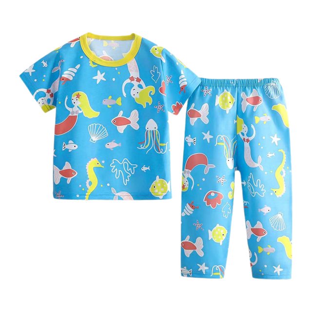 Boys Pajamas Children's Summer Soft Breathable Pajama Set Cartoon Crocodile Dinosaur Print Home Wear Sleepwear Pyjama Ado Fille Sky Blue 3 Years-4 Years