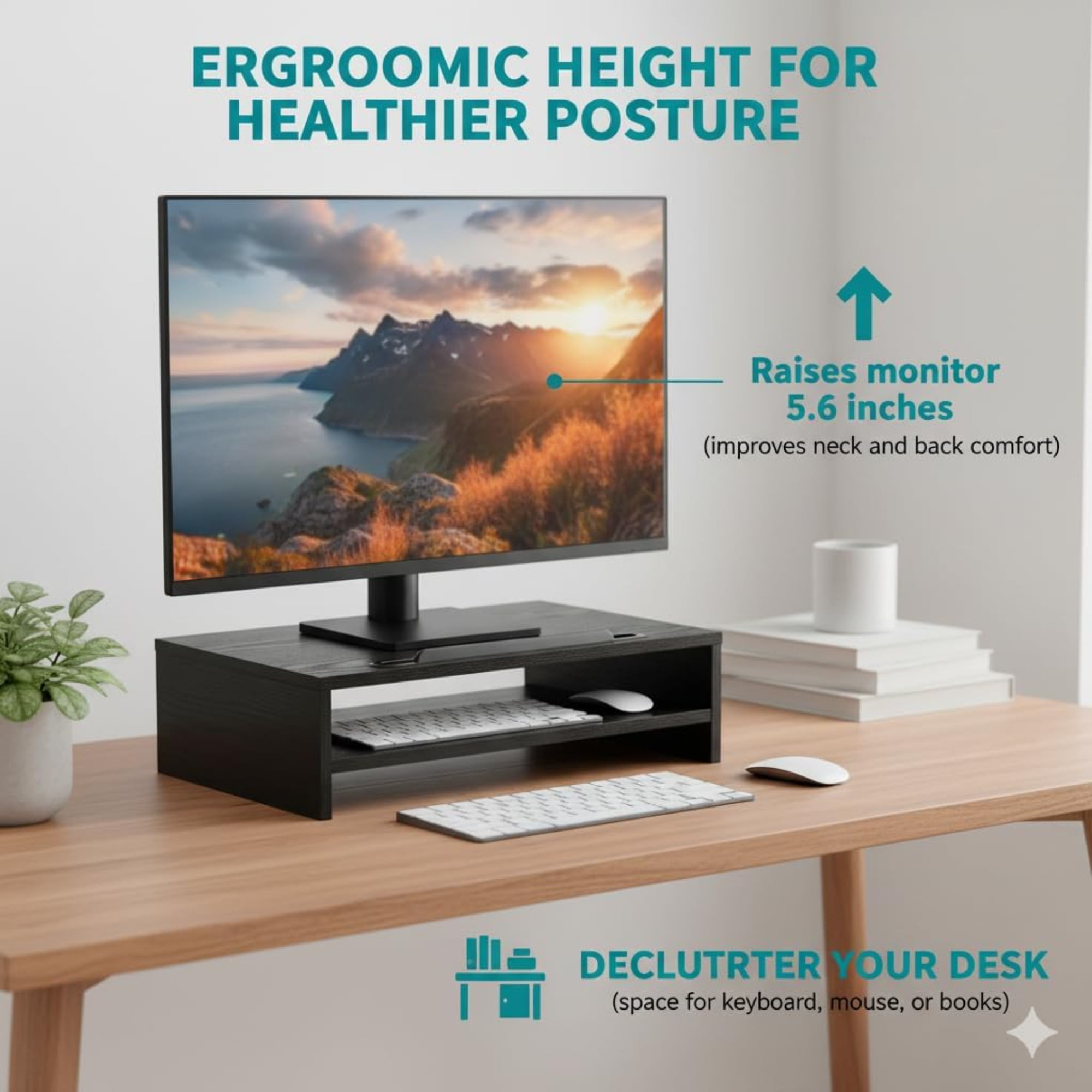 JEZWX Computer Monitor Stand Riser - 2-Tier Desk Shelf with Storage Organizer with Cellphone Holder, Black, 15.7 inch