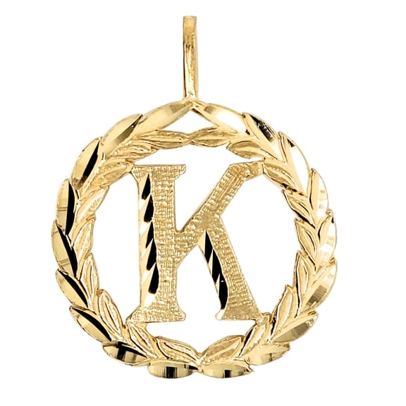 Precious Stars 14K Yellow Gold Round Wreath Unisex Initial Letter 'K' Pendant - No Chain, Pendant Only