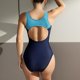 thumbnail image 5 of Traje de baño deportivo de una pieza sin espalda sujetador con aros bloque de color traje de baño de una pieza de moda para mujer azul L, 5 of 8
