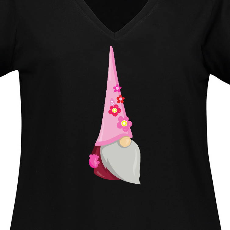 Inktastic Cute Gnome, Gnome With Pink Hat, Pink Flowers Women's Plus Size V-Neck T-Shirt - image 3 of 4