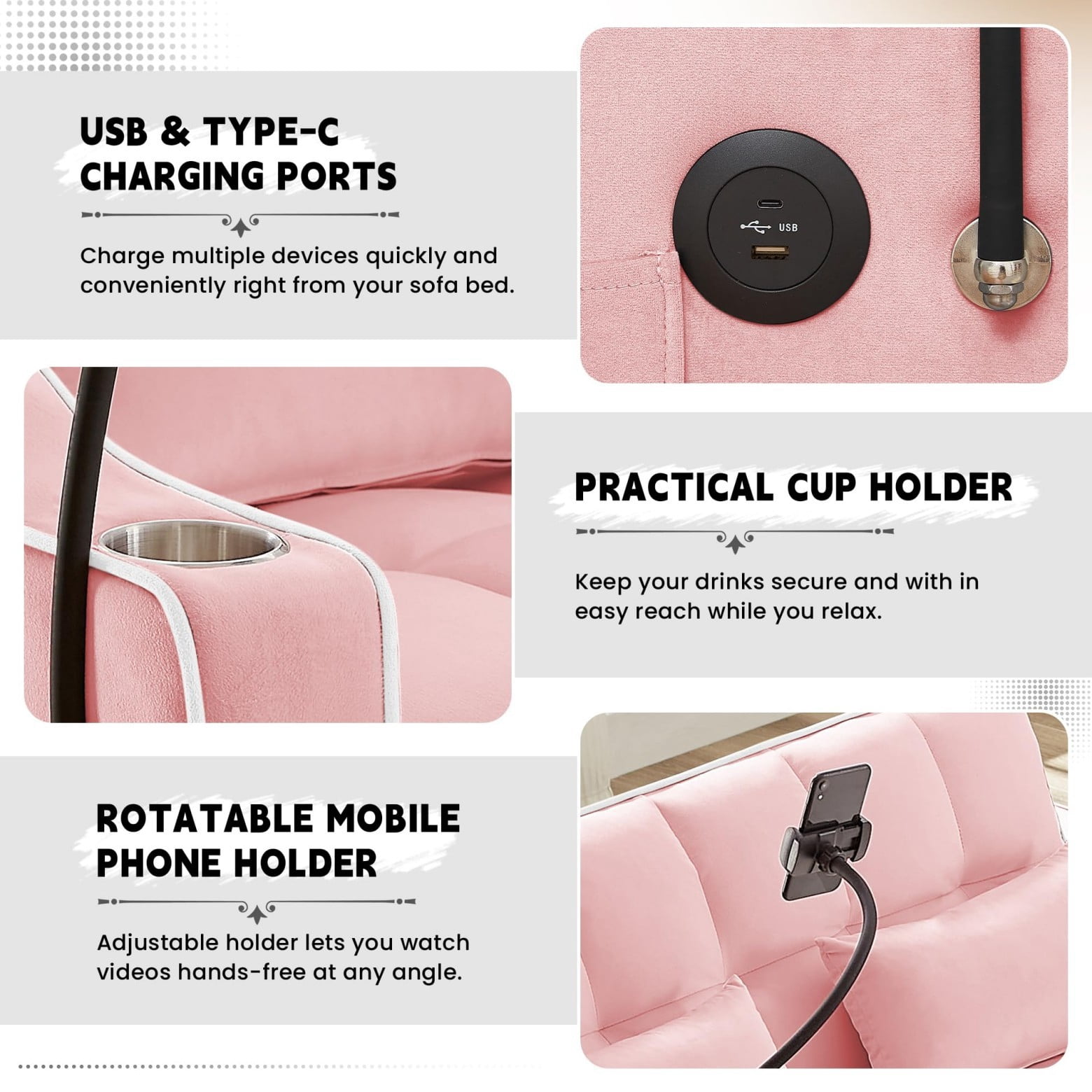 55" 3 in 1 Convertible Sofa Bed with Phone Holder, Loveseat Couch with Pull Out Bed, Space-Saving Apartment Sofa, Pink