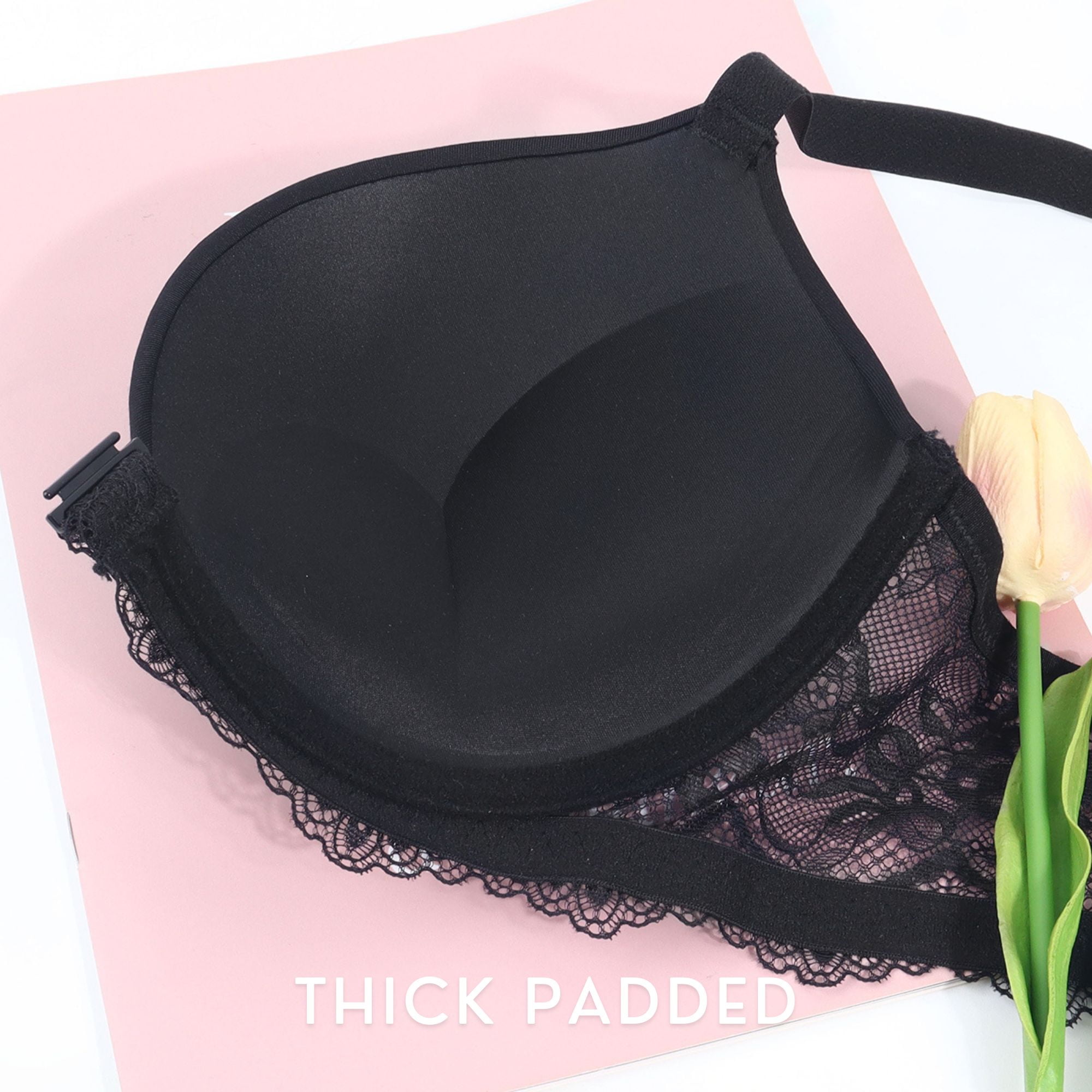 YANDW Push Up Front Closure Plunge Bras for Women Thick Padded Lace Racerback Underwire Bra, Black 36D
